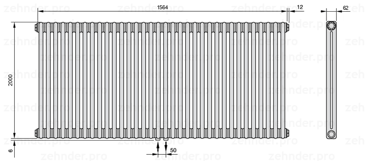 Схема (чертеж) Радиатор Zehnder Charleston 2200/34 №3470 Белый глянцевый RAL 9016